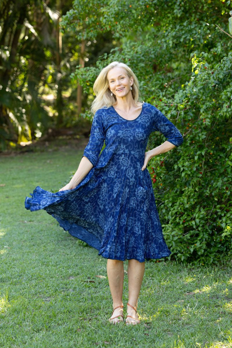 Womens, midi, Flamenco Dress with sleeves, 100% Cotton, hand block print. In natural blue - Indigo Tara