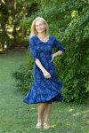 Womens, midi, Flamenco Dress with sleeves, 100% Cotton, hand block print. In natural blue - Indigo Tara