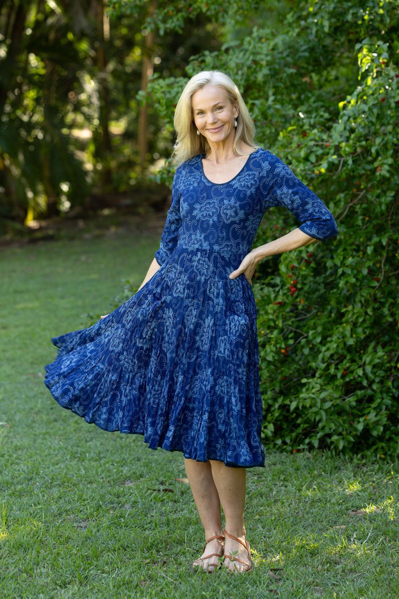Womens, midi, Flamenco Dress with sleeves, 100% Cotton, hand block print. In natural blue - Indigo Tara