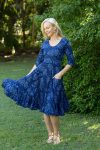 Womens, midi, Flamenco Dress with sleeves, 100% Cotton, hand block print. In natural blue - Indigo Tara