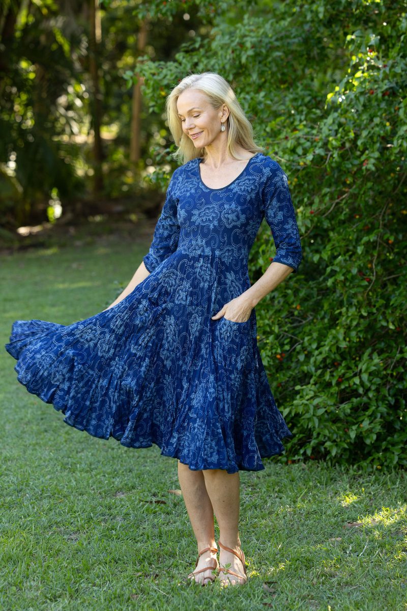 Womens, midi, Flamenco Dress with sleeves, 100% Cotton, hand block print. In natural blue - Indigo Tara