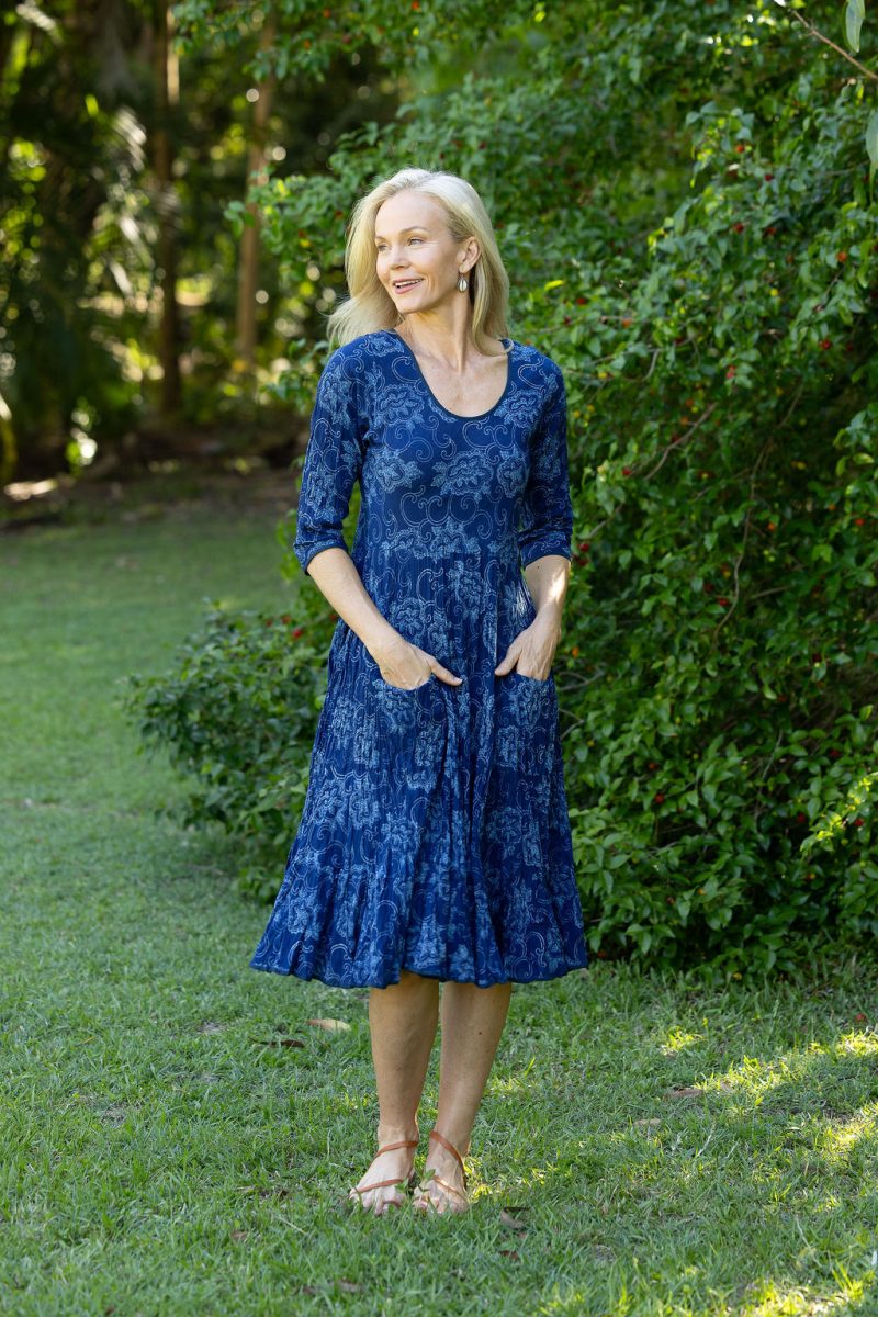 Womens, midi, Flamenco Dress with sleeves, 100% Cotton, hand block print. In natural blue - Indigo Tara