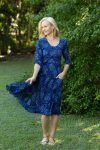 Womens, midi, Flamenco Dress with sleeves, 100% Cotton, hand block print. In natural blue - Indigo Tara