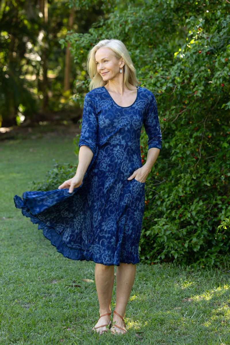 Womens, midi, Flamenco Dress with sleeves, 100% Cotton, hand block print. In natural blue - Indigo Tara
