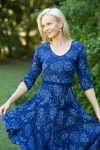 Womens, midi, Flamenco Dress with sleeves, 100% Cotton, hand block print. In natural blue - Indigo Tara
