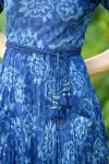 Womens, midi, Flamenco Dress with sleeves, 100% Cotton, hand block print. In natural blue - Indigo Tara