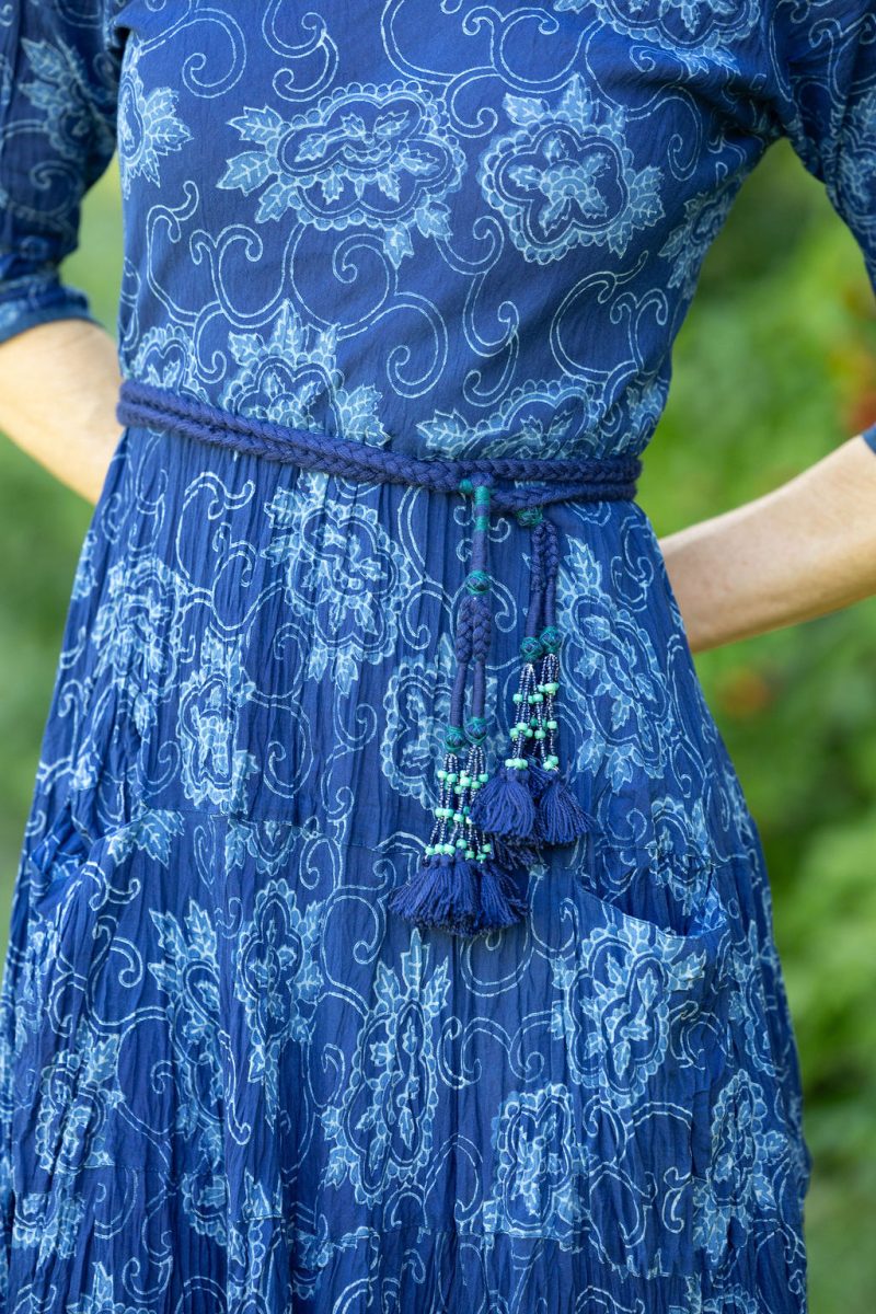 Womens, midi, Flamenco Dress with sleeves, 100% Cotton, hand block print. In natural blue - Indigo Tara