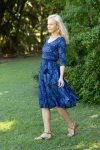 Womens, midi, Flamenco Dress with sleeves, 100% Cotton, hand block print. In natural blue - Indigo Tara