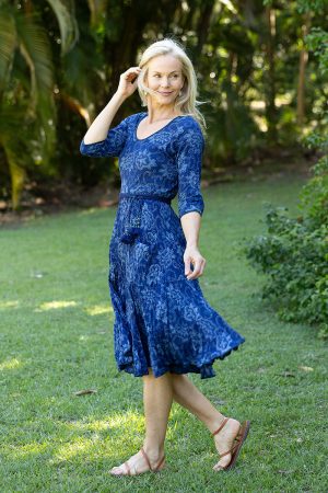 Womens, midi, Flamenco Dress with sleeves, 100% Cotton, hand block print. In natural blue - Indigo Tara