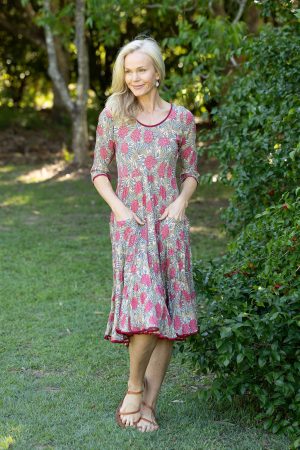 Womens, midi, Flamenco Dress with sleeves, 100% Cotton, hand block print. Pink floral, Zinnia.
