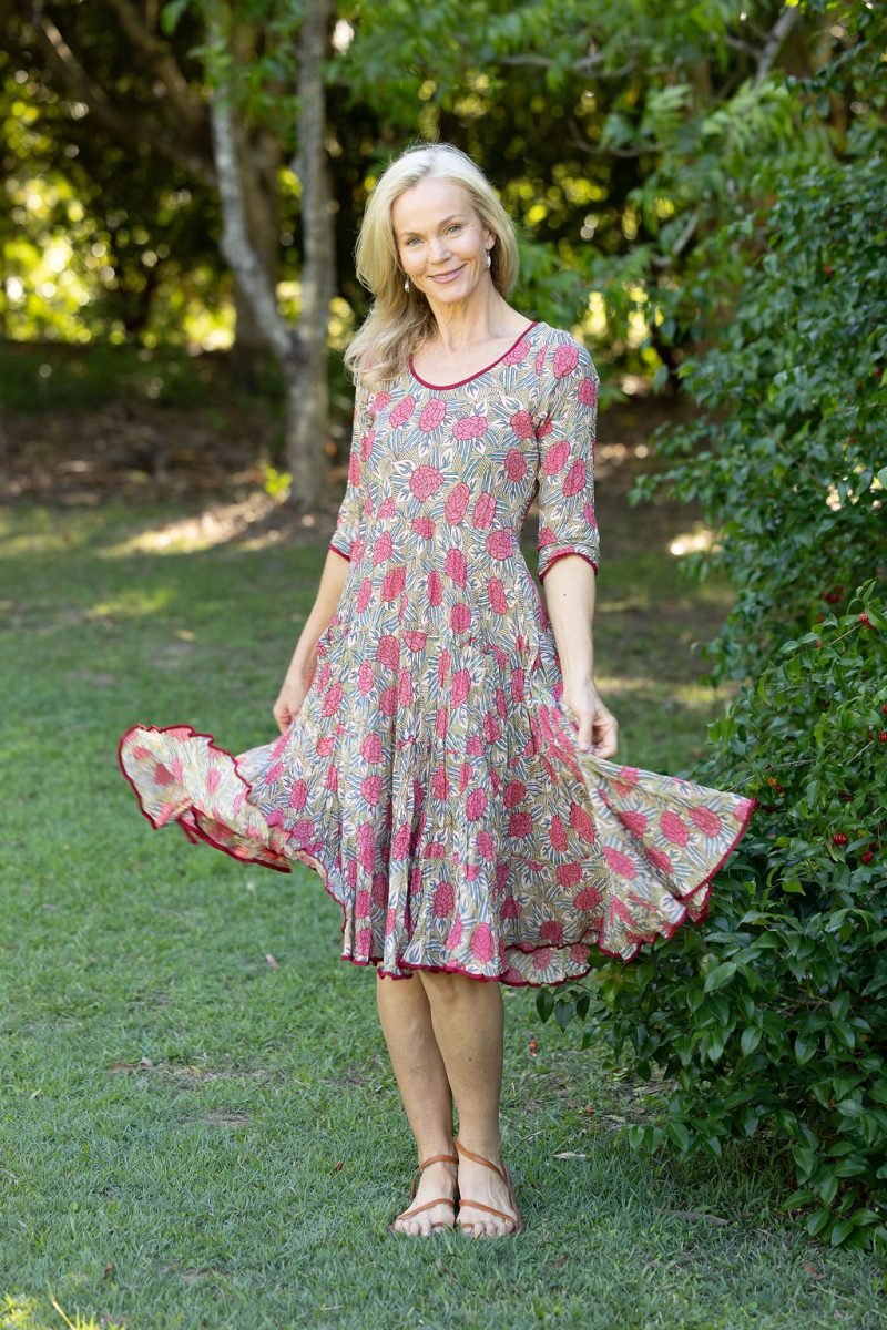 Womens, midi, Flamenco Dress with sleeves, 100% Cotton, hand block print. Pink floral, Zinnia.