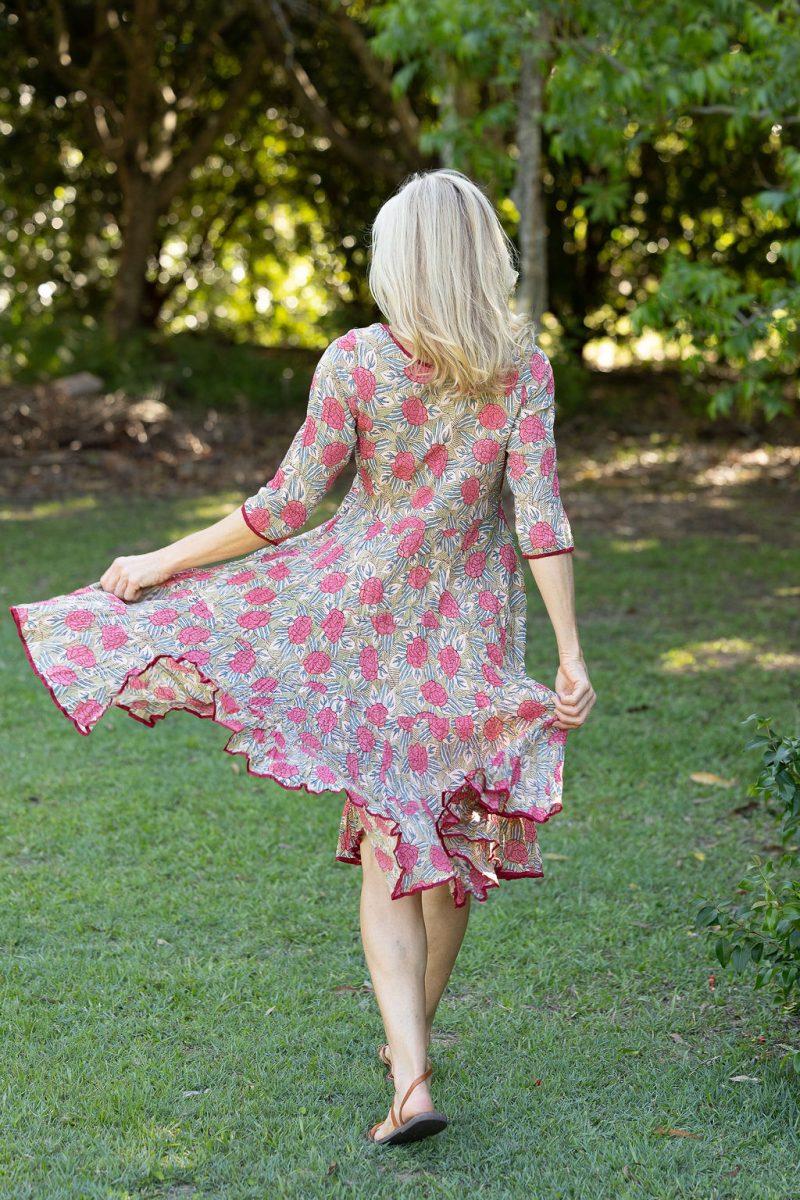 Womens, midi, Flamenco Dress with sleeves, 100% Cotton, hand block print. Pink floral, Zinnia.