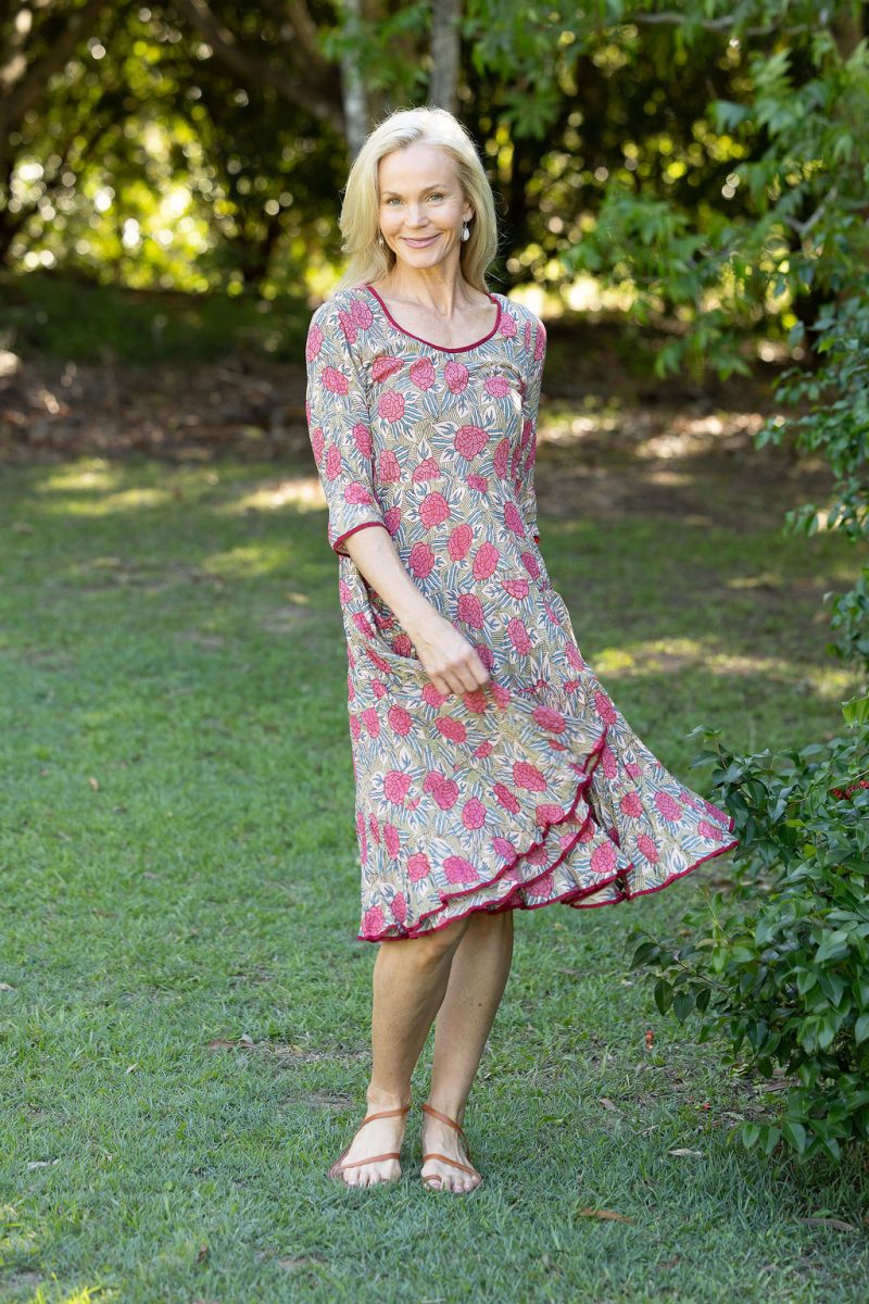 Womens, midi, Flamenco Dress with sleeves, 100% Cotton, hand block print. Pink floral, Zinnia.
