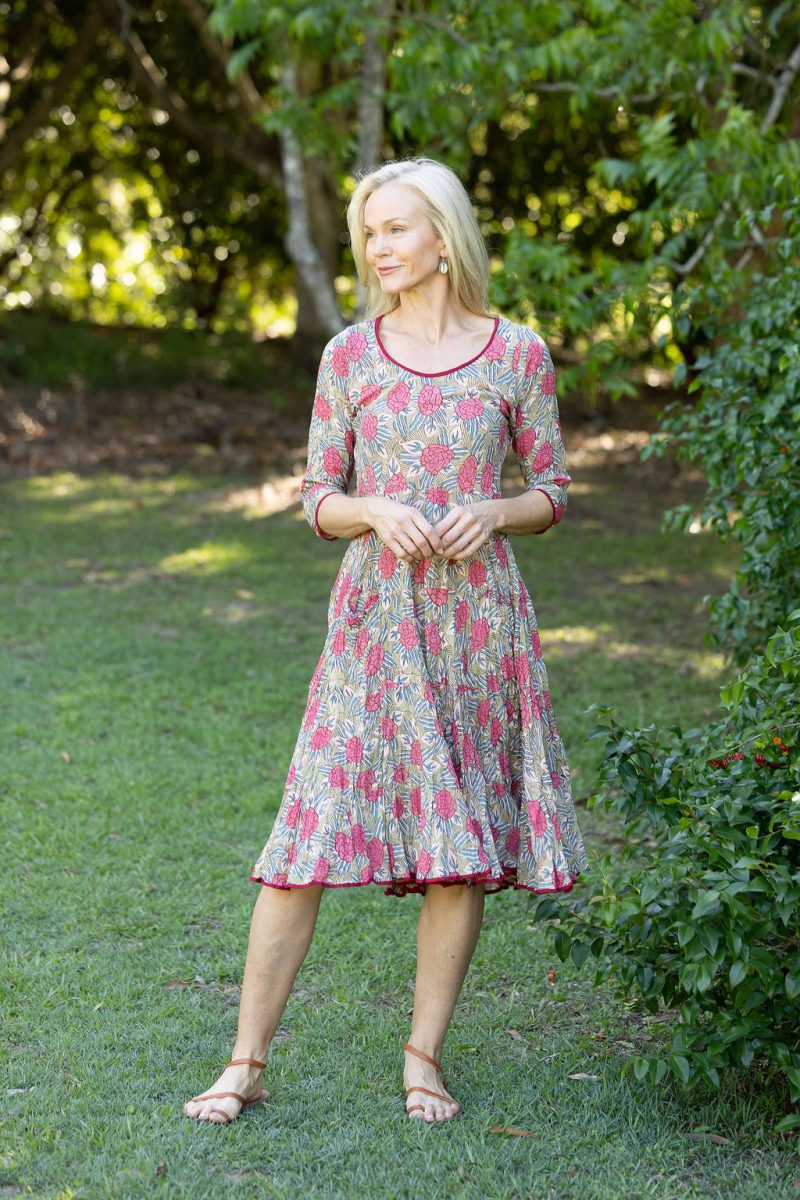 Womens, midi, Flamenco Dress with sleeves, 100% Cotton, hand block print. Pink floral, Zinnia.