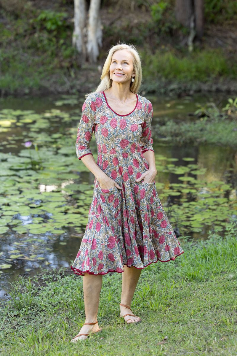 Womens, midi, Flamenco Dress with sleeves, 100% Cotton, hand block print. Pink floral, Zinnia.