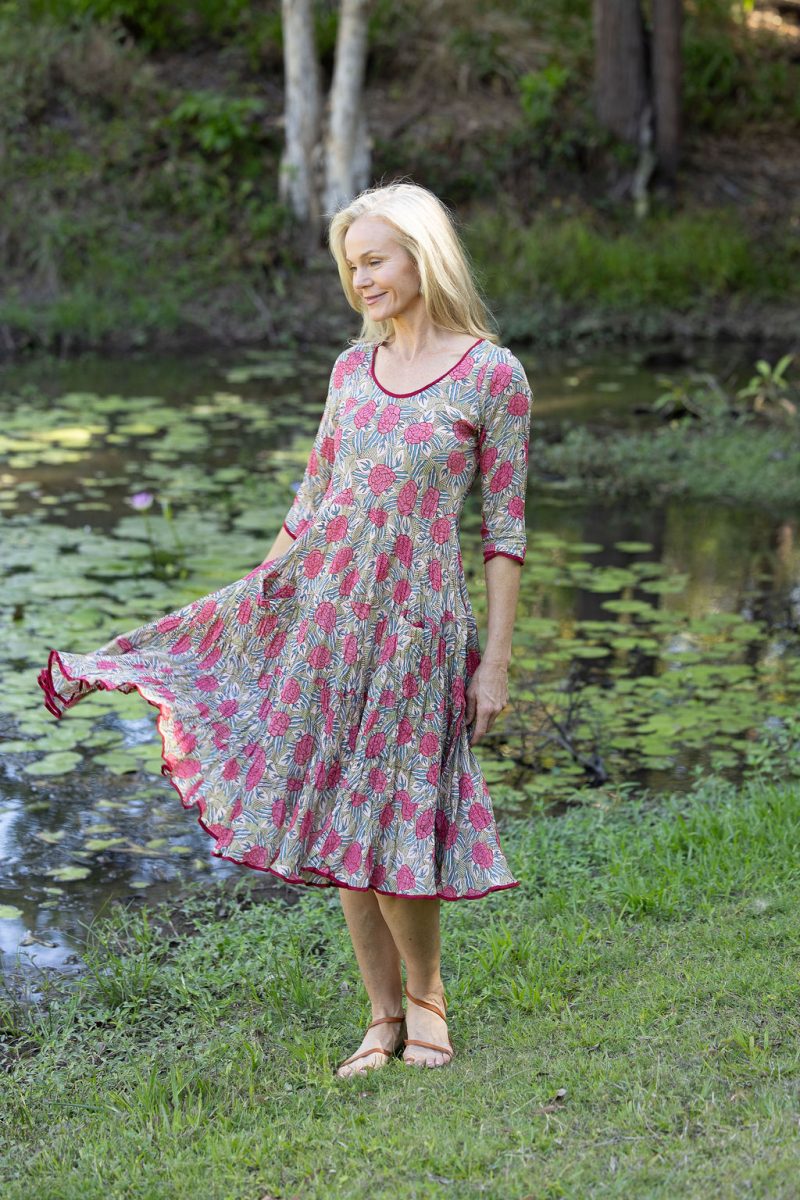Womens, midi, Flamenco Dress with sleeves, 100% Cotton, hand block print. Pink floral, Zinnia.