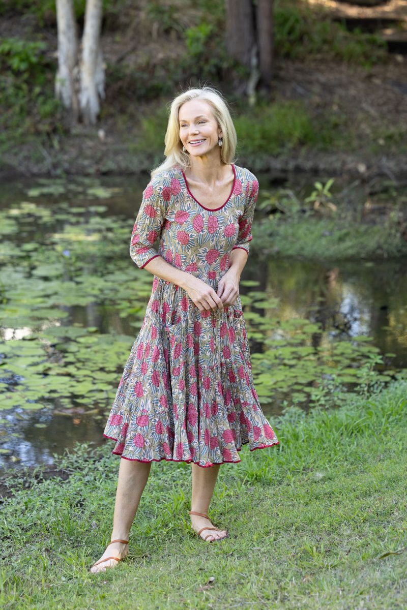 Womens, midi, Flamenco Dress with sleeves, 100% Cotton, hand block print. Pink floral, Zinnia.