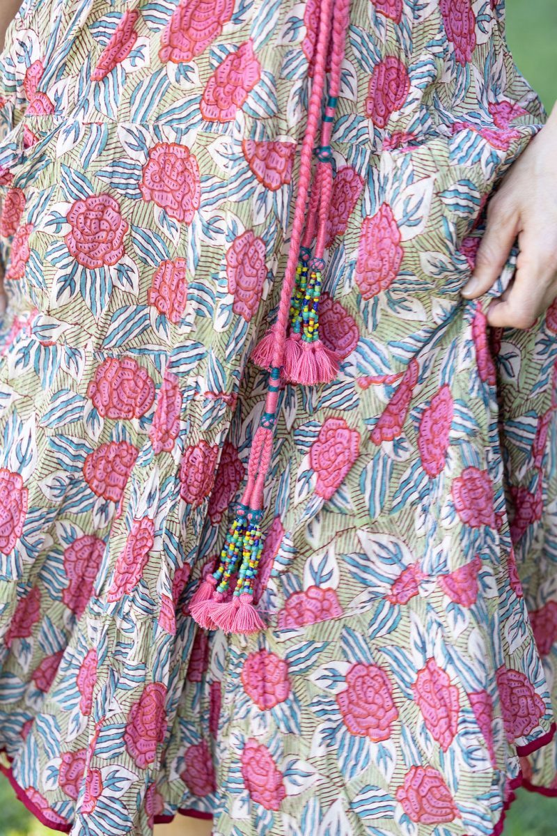 Womens, midi, Flamenco Dress with sleeves, 100% Cotton, hand block print. Pink floral, Zinnia.