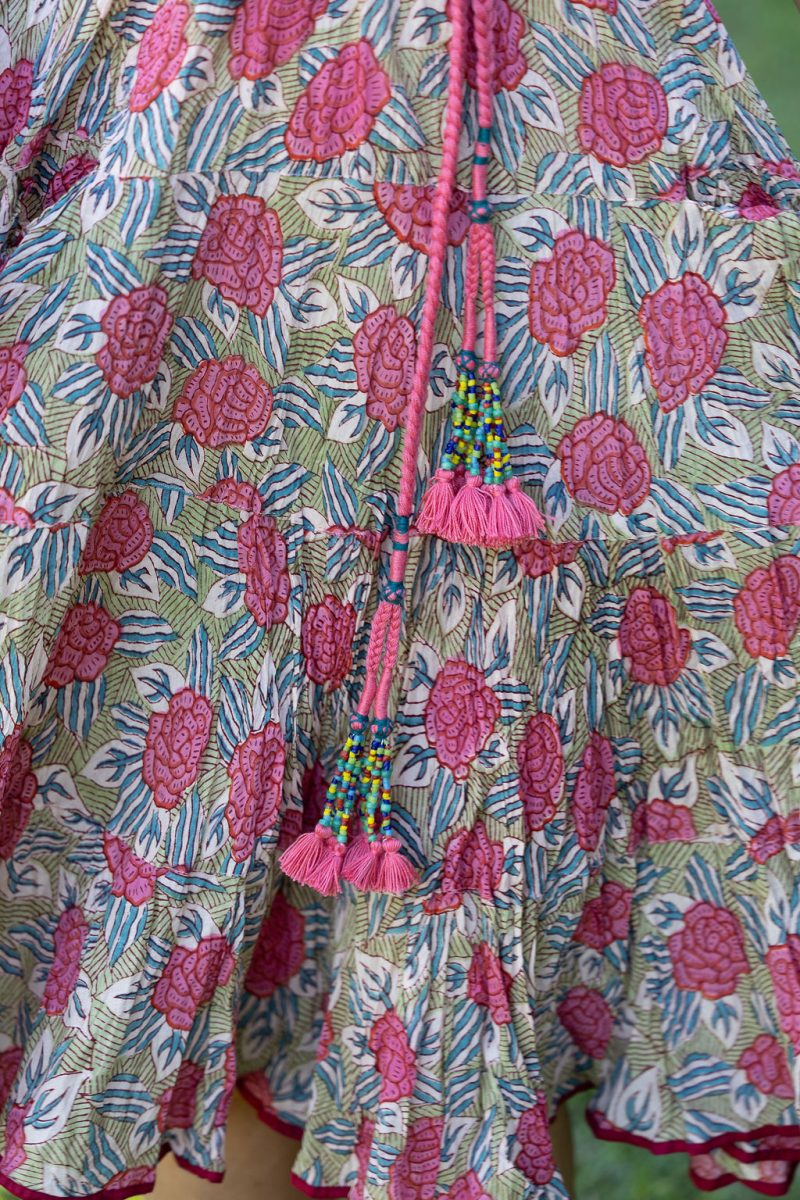 Womens, midi, Flamenco Dress with sleeves, 100% Cotton, hand block print. Pink floral, Zinnia.