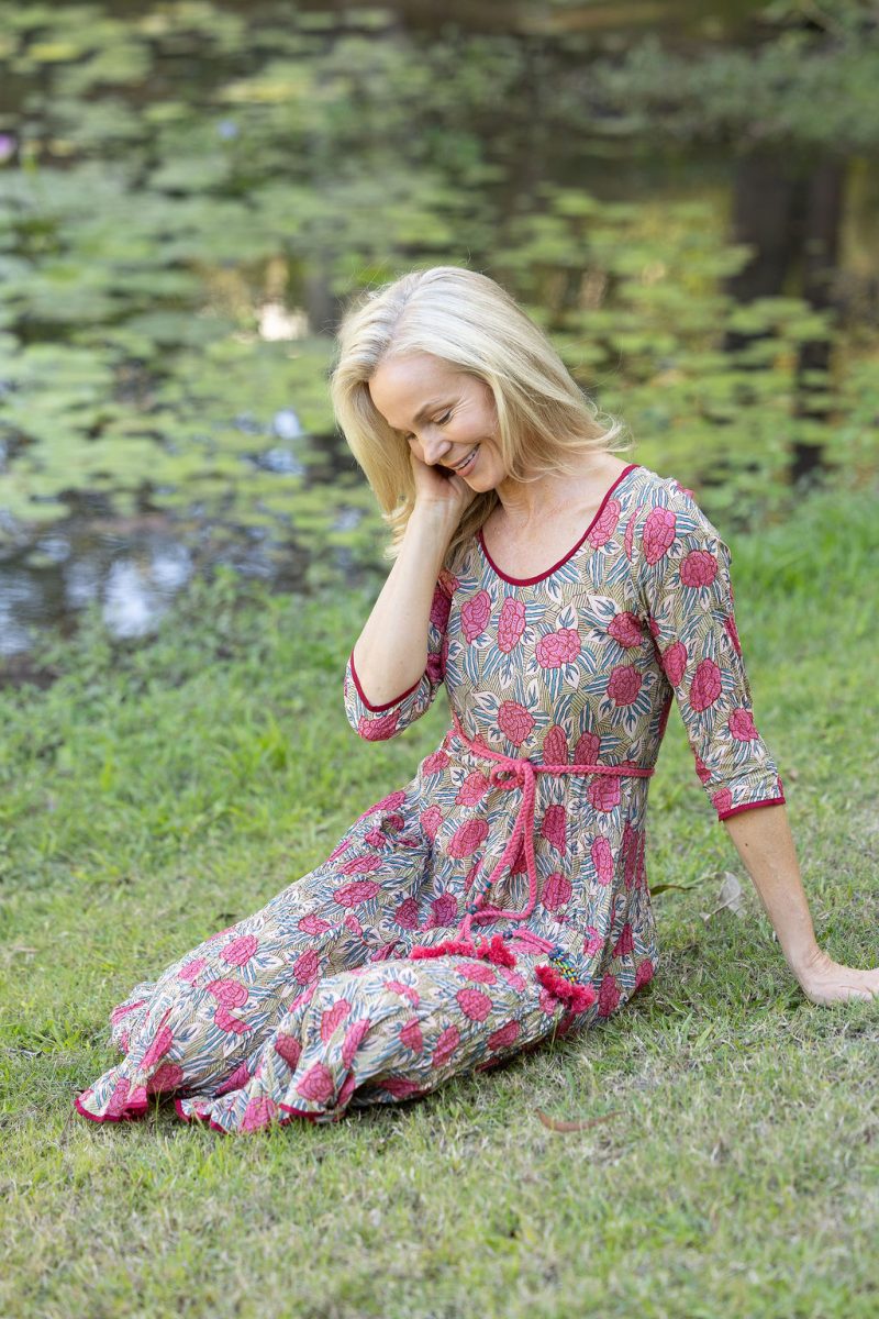Womens, midi, Flamenco Dress with sleeves, 100% Cotton, hand block print. Pink floral, Zinnia.