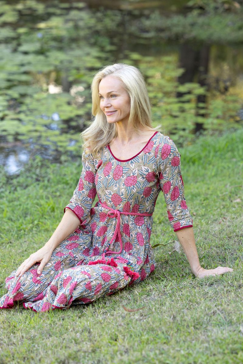 Womens, midi, Flamenco Dress with sleeves, 100% Cotton, hand block print. Pink floral, Zinnia.