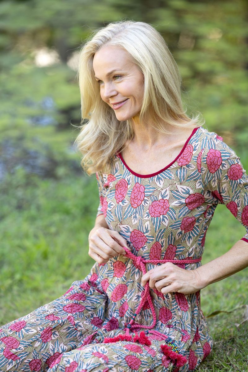 Womens, midi, Flamenco Dress with sleeves, 100% Cotton, hand block print. Pink floral, Zinnia.