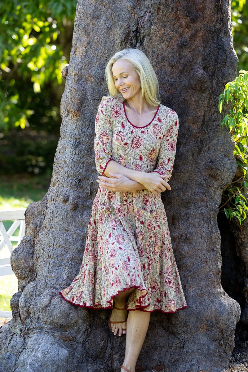 Womens, midi, Flamenco Dress with sleeves, 100% Cotton, hand block print. Sepia floral - Radha.