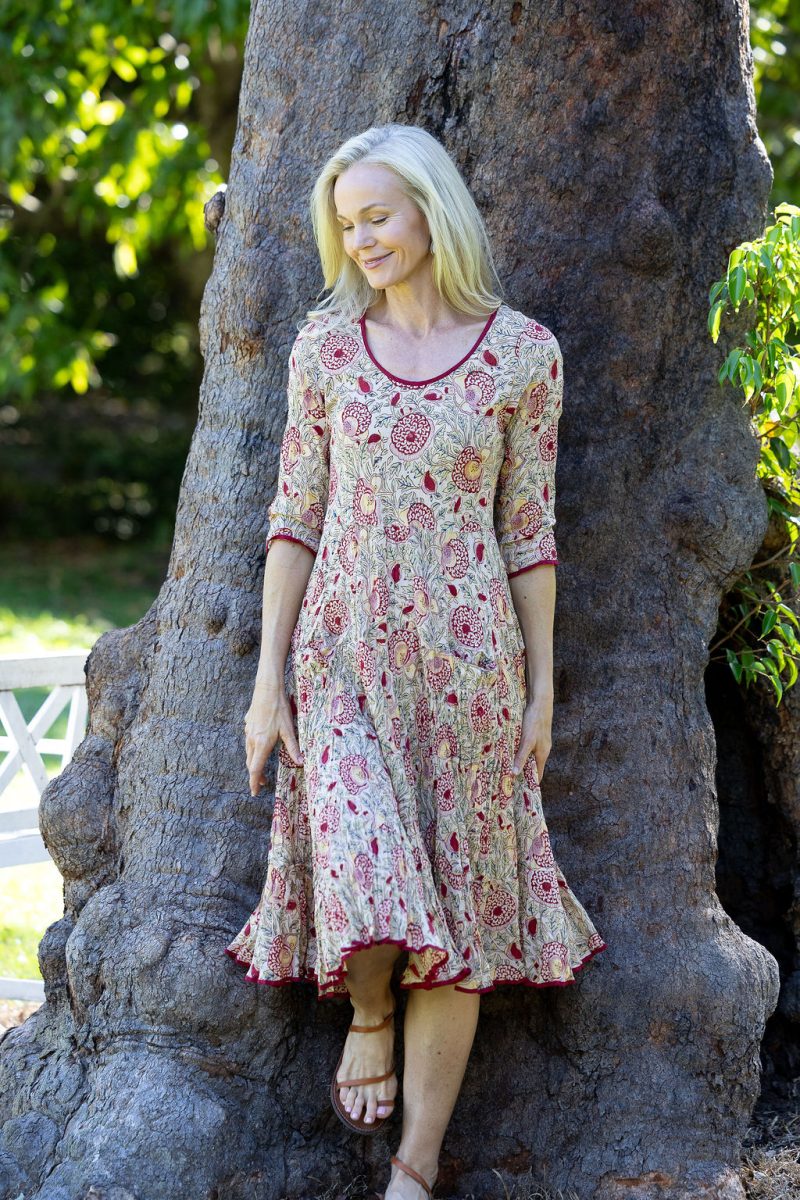 Womens, midi, Flamenco Dress with sleeves, 100% Cotton, hand block print. Sepia floral - Radha.