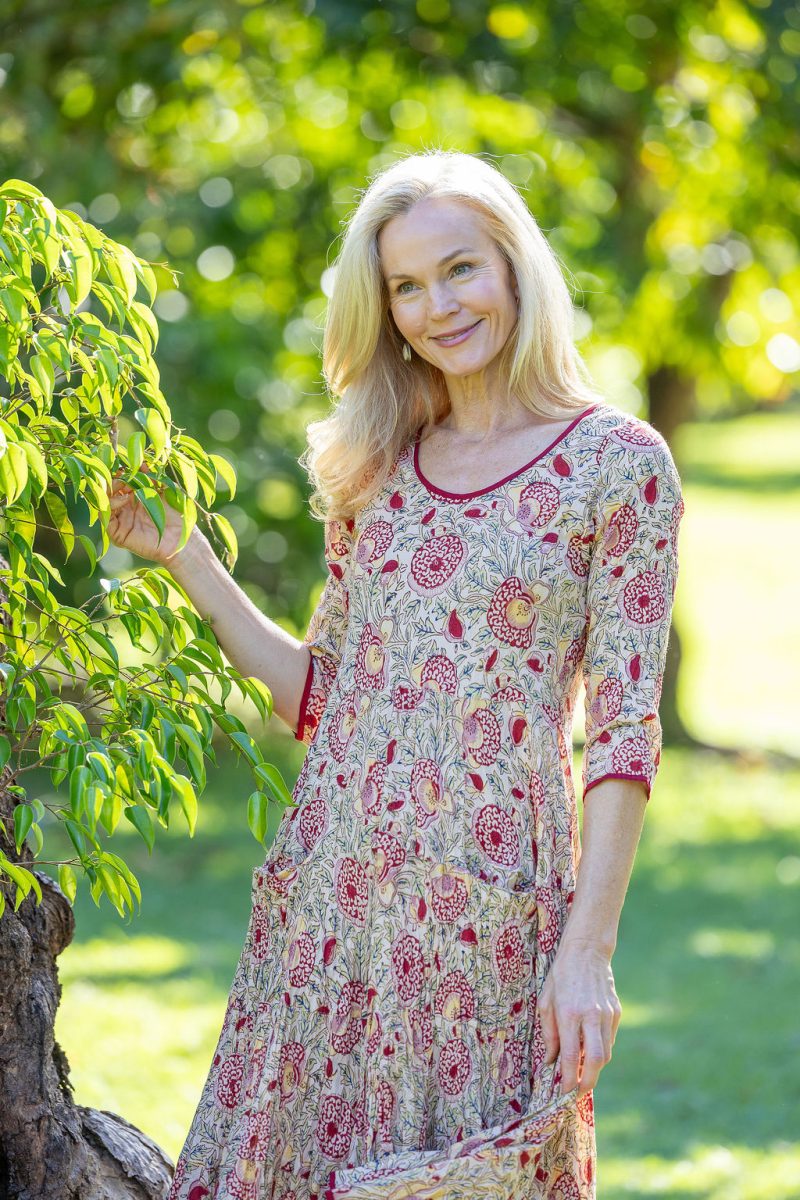 Womens, midi, Flamenco Dress with sleeves, 100% Cotton, hand block print. Sepia floral - Radha.
