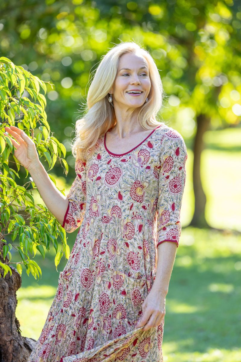 Womens, midi, Flamenco Dress with sleeves, 100% Cotton, hand block print. Sepia floral - Radha.
