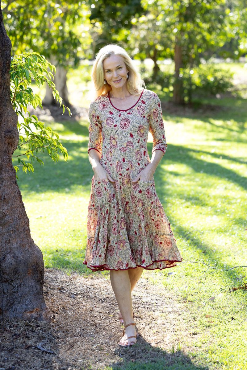 Womens, midi, Flamenco Dress with sleeves, 100% Cotton, hand block print. Sepia floral - Radha.