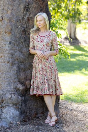 Womens, midi, Flamenco Dress with sleeves, 100% Cotton, hand block print. Sepia floral - Radha.
