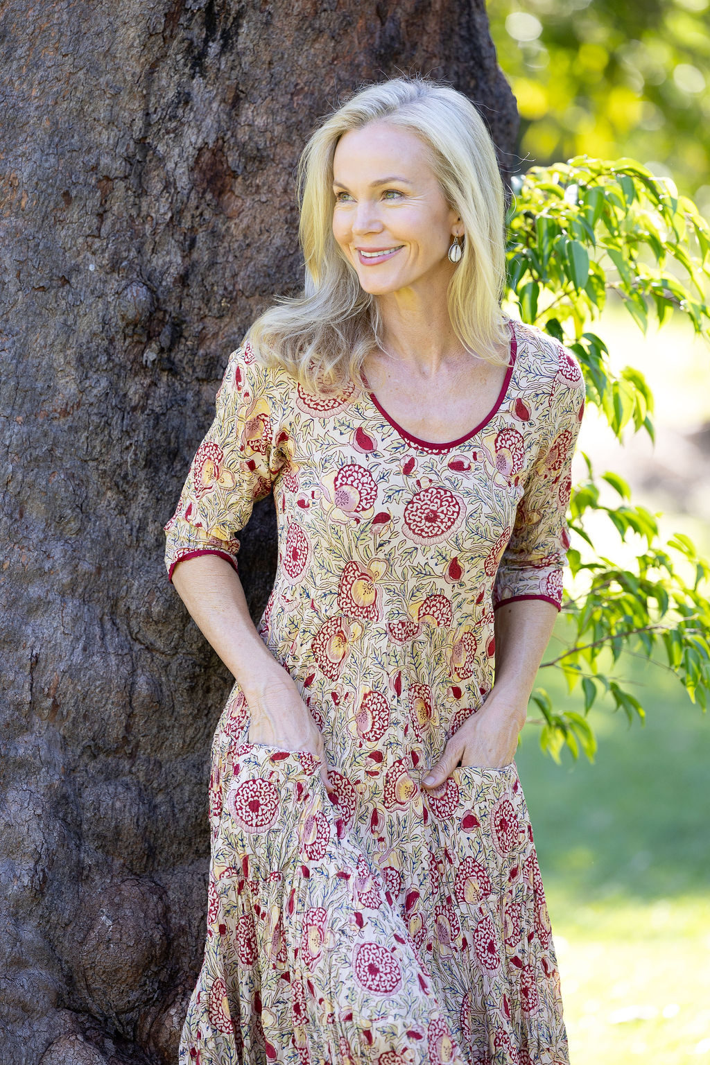 Womens, midi, Flamenco Dress with sleeves, 100% Cotton, hand block print. Sepia floral - Radha.