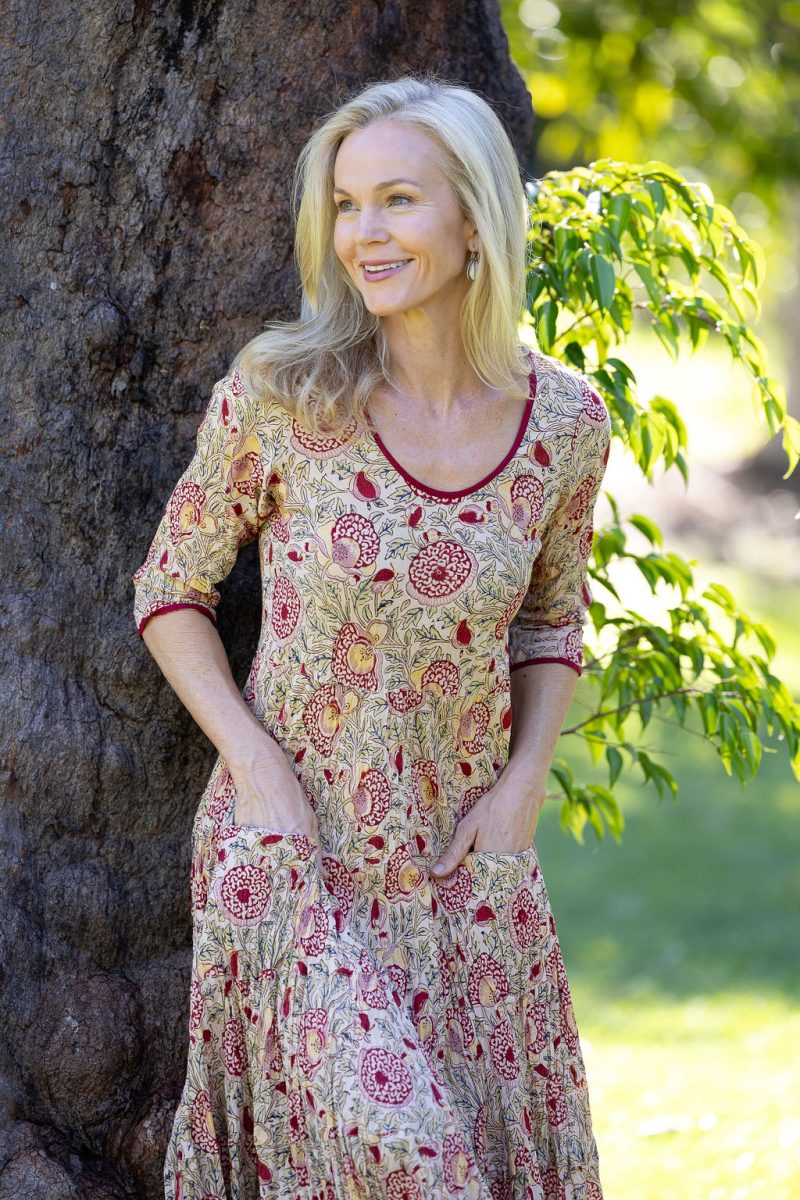 Womens, midi, Flamenco Dress with sleeves, 100% Cotton, hand block print. Sepia floral - Radha.