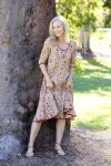 Womens, midi, Flamenco Dress with sleeves, 100% Cotton, hand block print. Sepia floral - Radha.