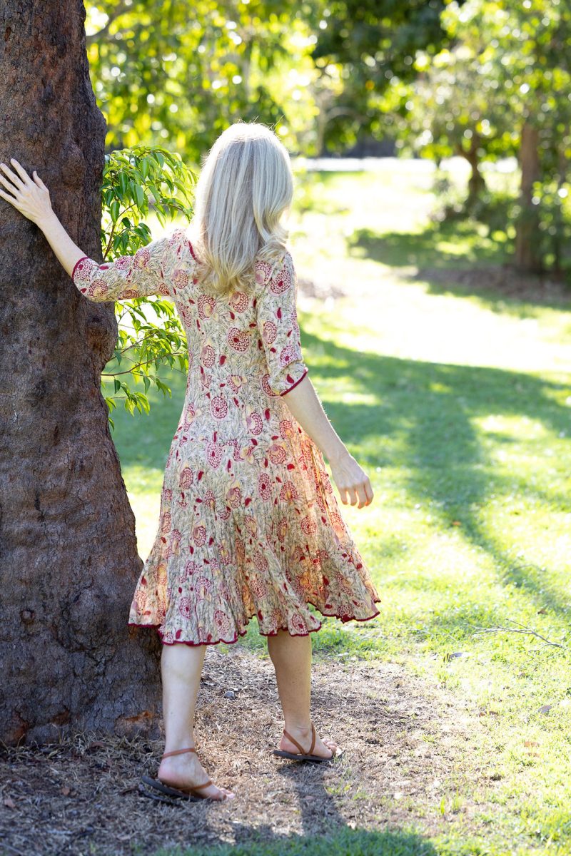 Womens, midi, Flamenco Dress with sleeves, 100% Cotton, hand block print. Sepia floral - Radha.