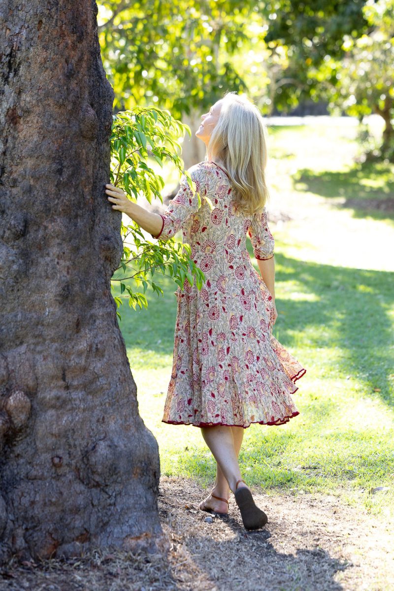 Womens, midi, Flamenco Dress with sleeves, 100% Cotton, hand block print. Sepia floral - Radha.