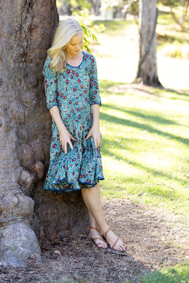 Womens, midi, Flamenco Dress with sleeves, 100% Cotton, hand block print. Blue with pops of red - Allegra