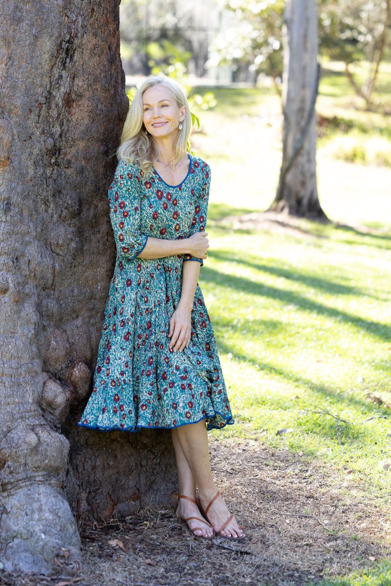 Womens, midi, Flamenco Dress with sleeves, 100% Cotton, hand block print. Blue with pops of red - Allegra