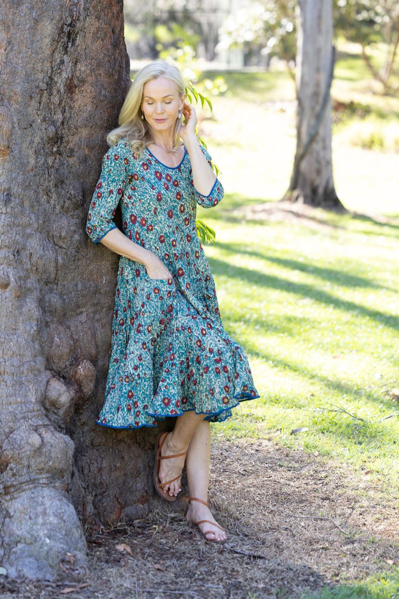 Womens, midi, Flamenco Dress with sleeves, 100% Cotton, hand block print. Blue with pops of red - Allegra