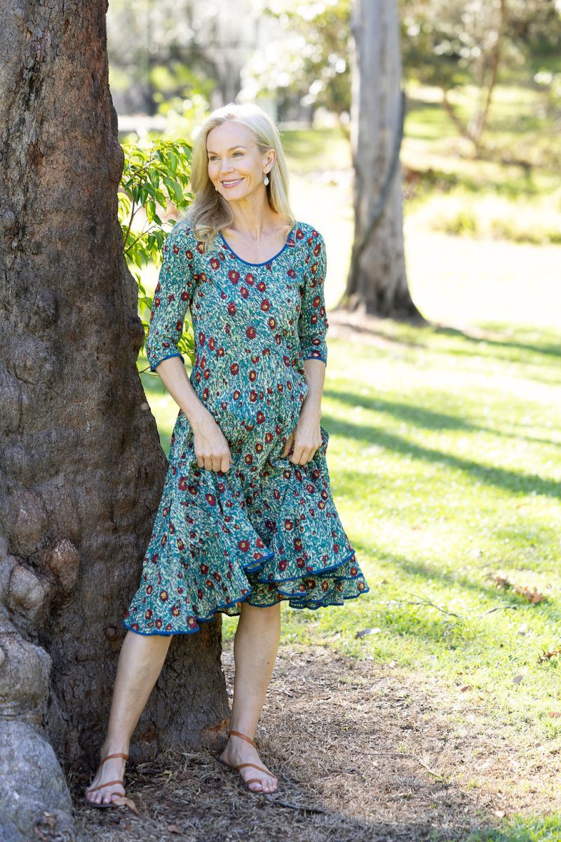 Womens, midi, Flamenco Dress with sleeves, 100% Cotton, hand block print. Blue with pops of red - Allegra