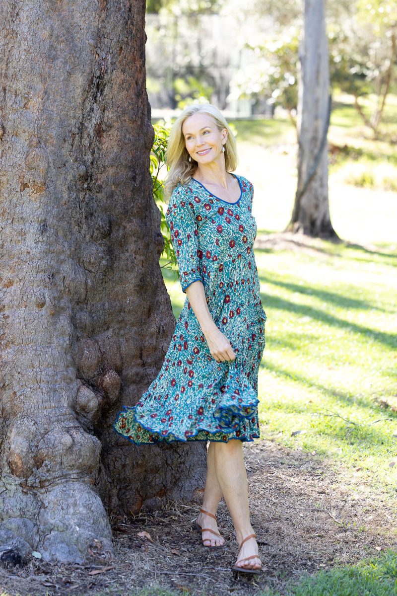 Womens, midi, Flamenco Dress with sleeves, 100% Cotton, hand block print. Blue with pops of red - Allegra