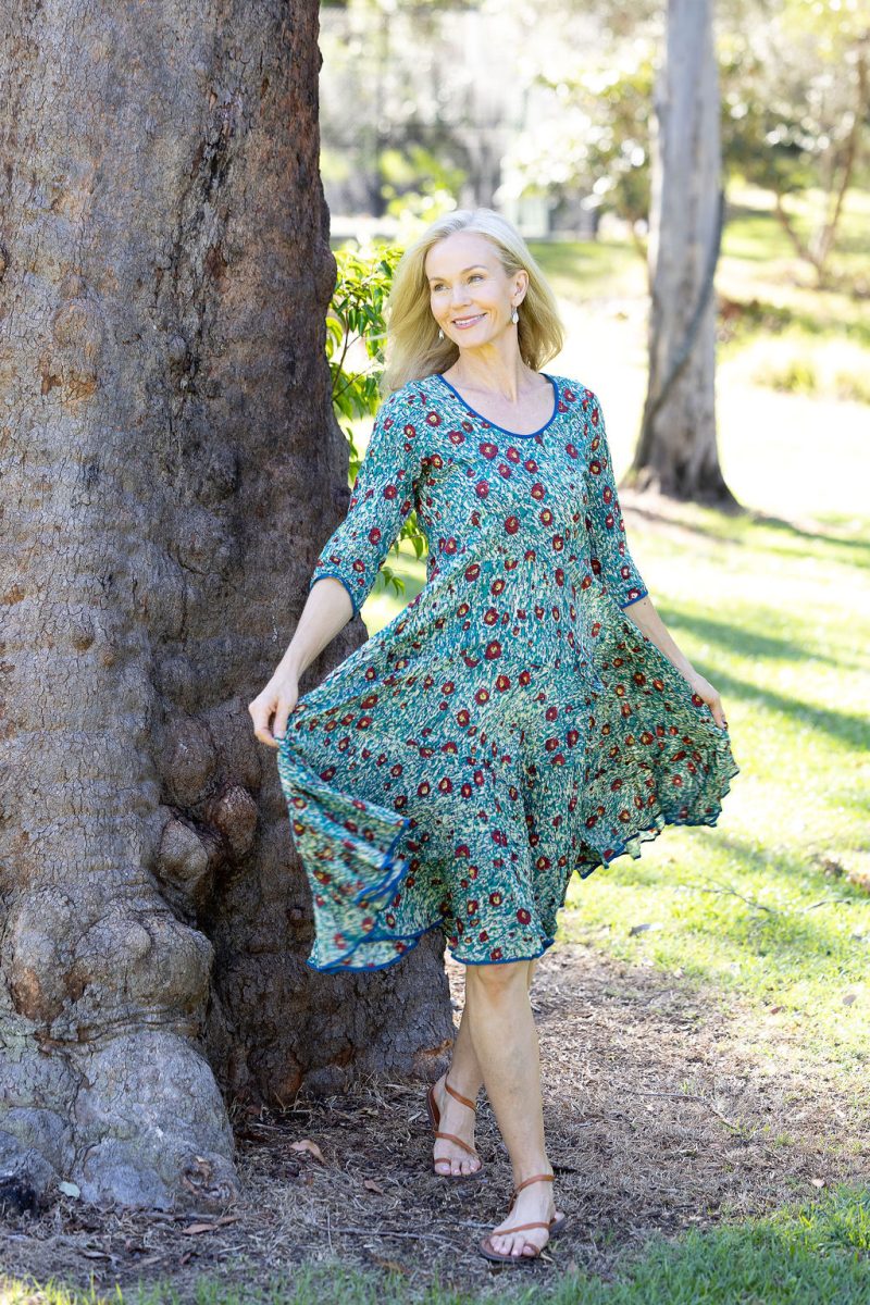 Womens, midi, Flamenco Dress with sleeves, 100% Cotton, hand block print. Blue with pops of red - Allegra