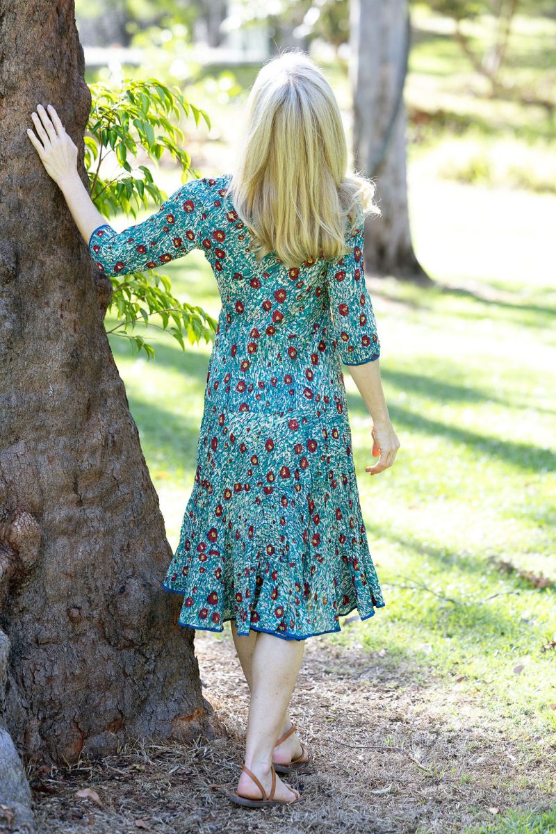 Womens, midi, Flamenco Dress with sleeves, 100% Cotton, hand block print. Blue with pops of red - Allegra