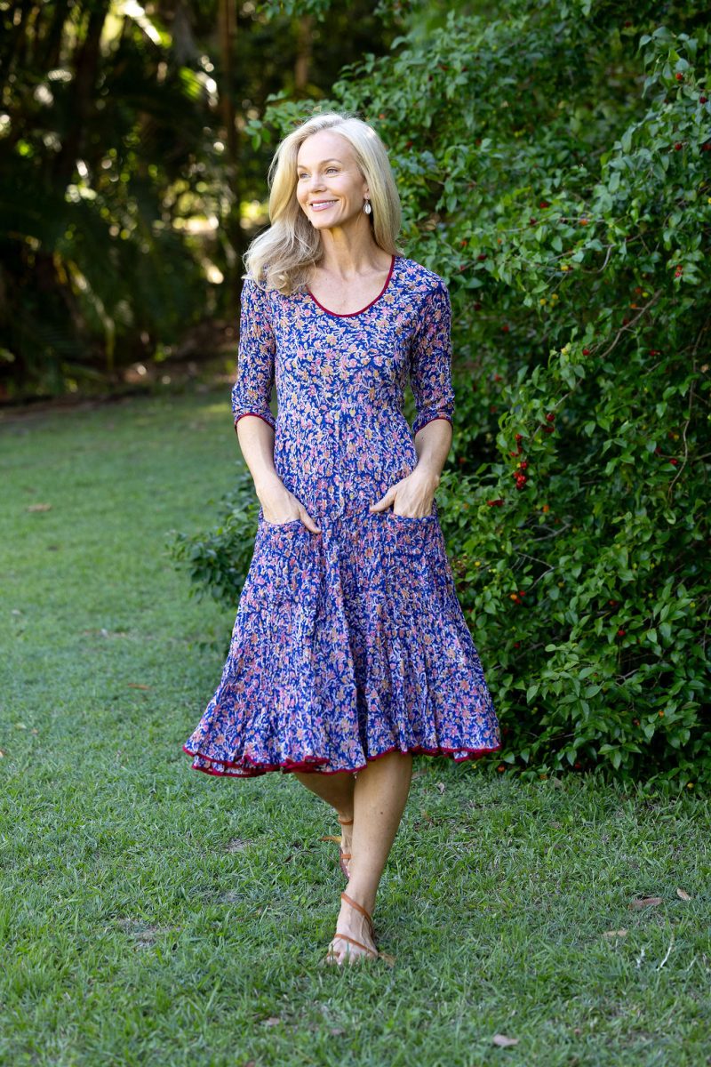 Womens, midi, Flamenco Dress with sleeves, 100% Cotton, hand block print. Fine florals on Royal Blue - Devi