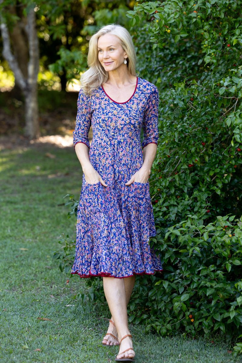 Womens, midi, Flamenco Dress with sleeves, 100% Cotton, hand block print. Fine florals on Royal Blue - Devi