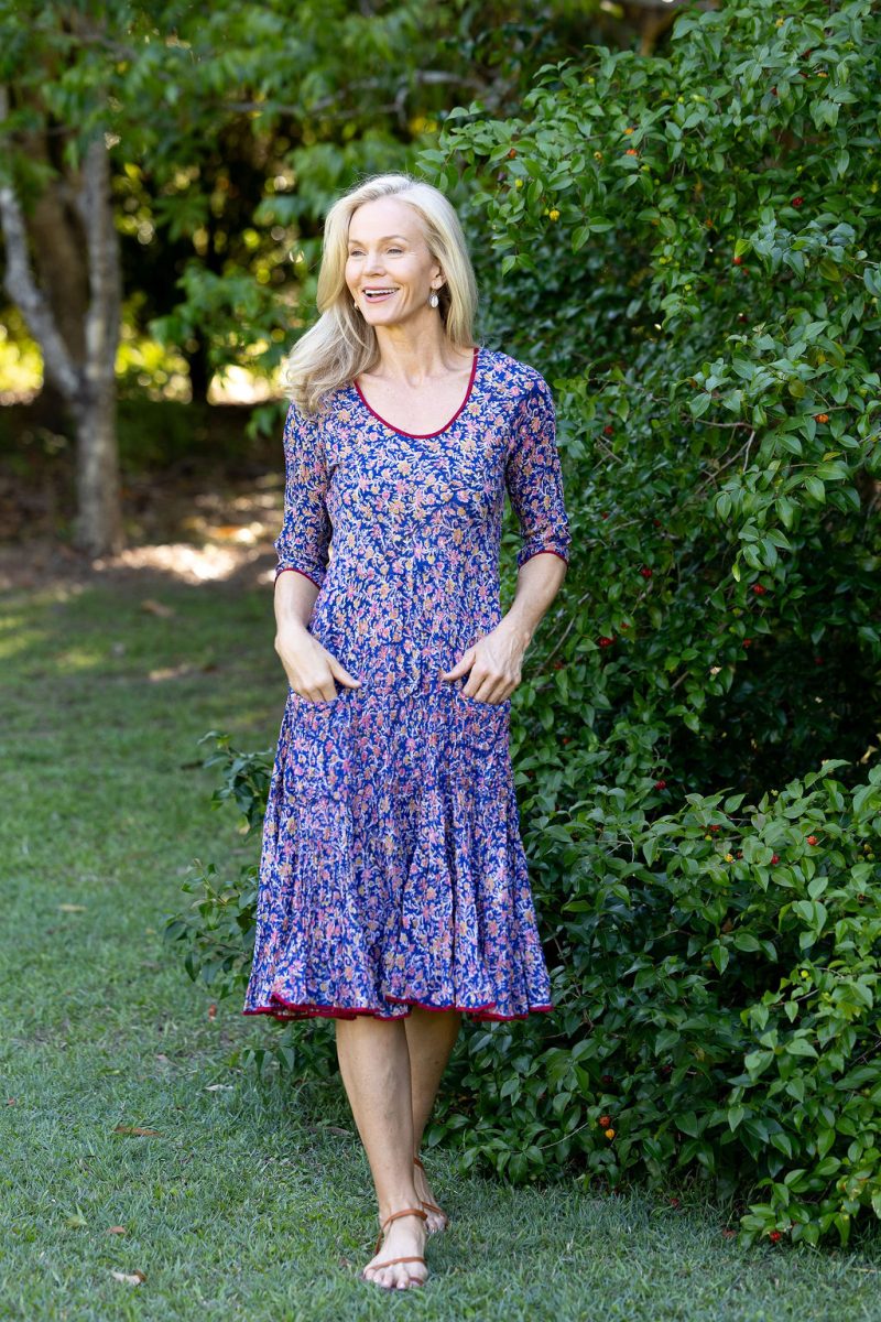 Womens, midi, Flamenco Dress with sleeves, 100% Cotton, hand block print. Fine florals on Royal Blue - Devi