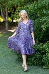 Womens, midi, Flamenco Dress with sleeves, 100% Cotton, hand block print. Fine florals on Royal Blue - Devi