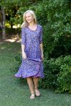 Womens, midi, Flamenco Dress with sleeves, 100% Cotton, hand block print. Fine florals on Royal Blue - Devi