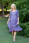 Womens, midi, Flamenco Dress with sleeves, 100% Cotton, hand block print. Fine florals on Royal Blue - Devi